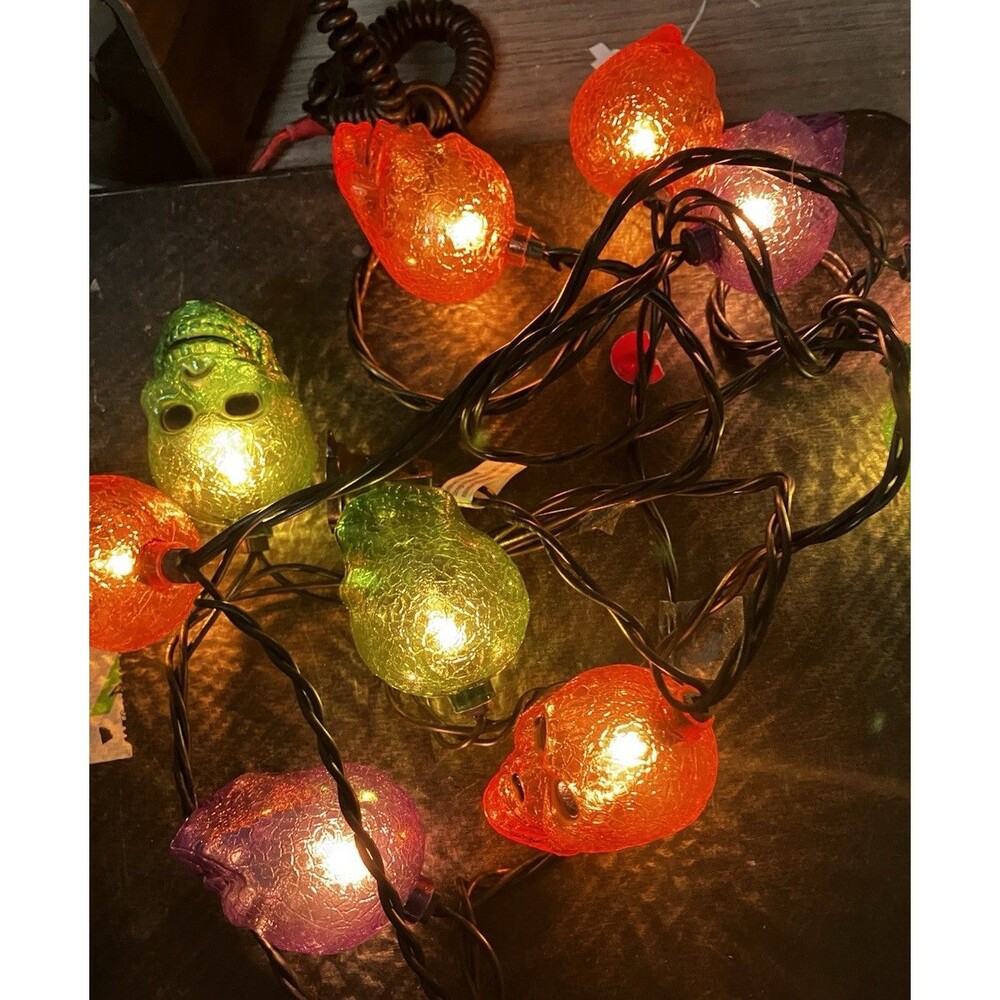 10 Plastic Skeleton Head String Lights Halloween Multi-color Works